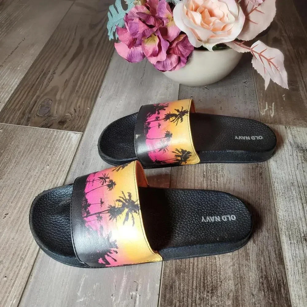 Old Navy Sunset Orange Pink Yellow Slides Size 3-4 Youth Kids